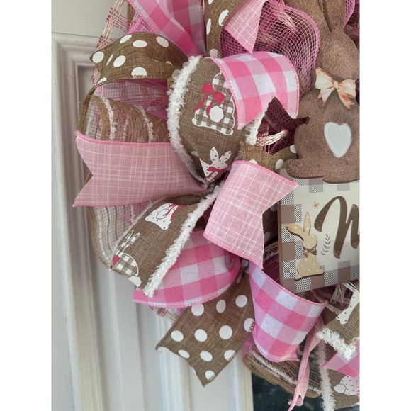 Beige Pink Welcome Easter Bunny Rabbit Mesh Ribbon Spring Wreath Door Hanger - Picture 3 of 7